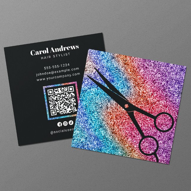 Modern Sparkle Scissor Black Hair Salon QR Code Square Business Card (Creator Uploaded)