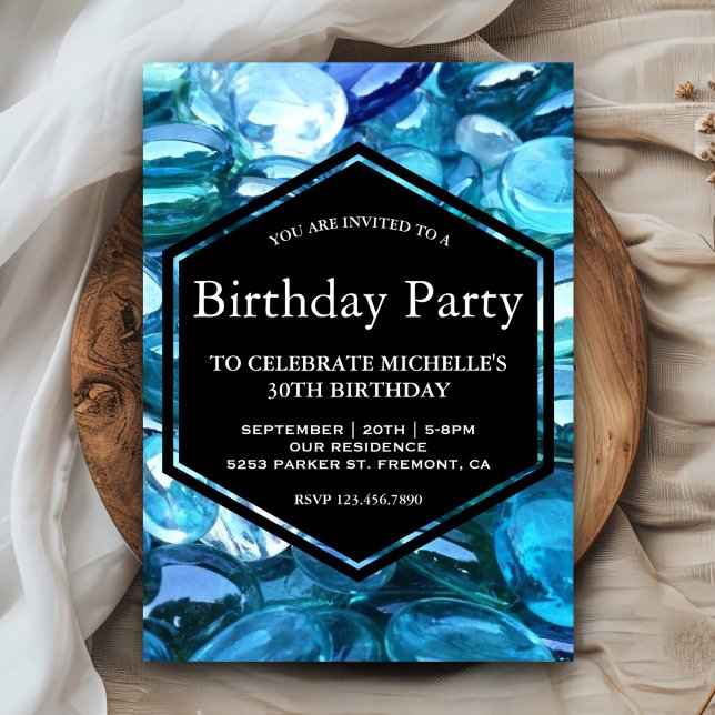 Modern Sparkling Blue Gemstones Birthday Party Invitation (Creator Uploaded)