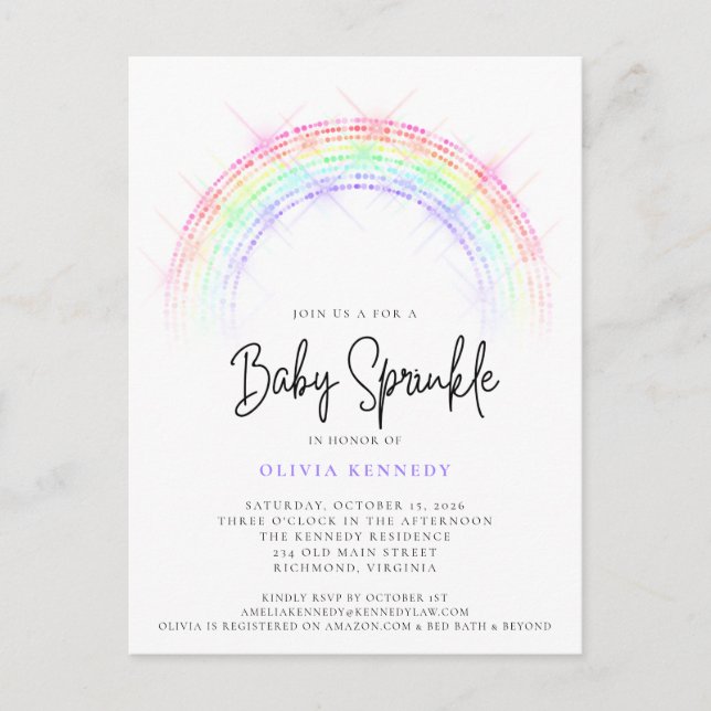 Modern Sparkling Rainbow Baby Sprinkle Baby Shower Postcard (Front)