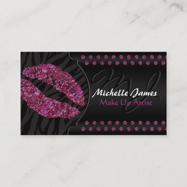 Modern Sparkling Zebra Monogram Make Up Artist Business Card (Front)
