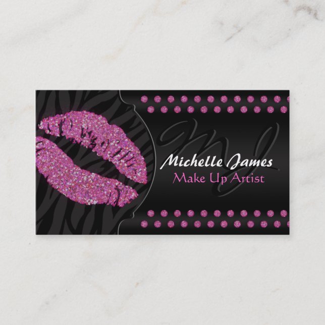 Modern Sparkling Zebra Monogram Make Up Artist Business Card (Front)