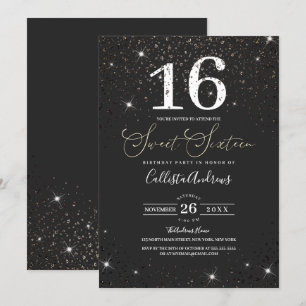 Modern Sparkly Black Glitter Confetti Sweet 16 Invitation
