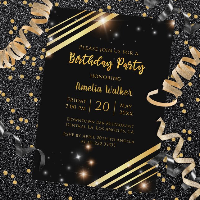 Modern Sparkly Gold And Black Birthday Party Invitation (Creator Uploaded)