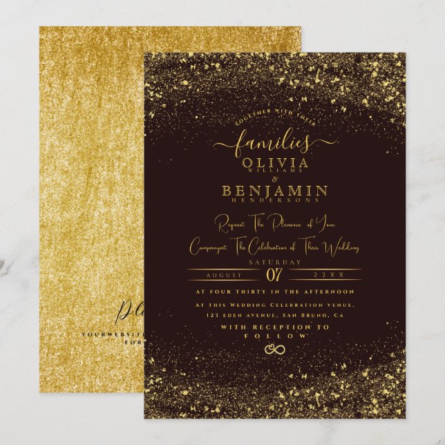 Modern Sparkly Gold Glitter Foil Chic Wedding Invitation (Front/Back)