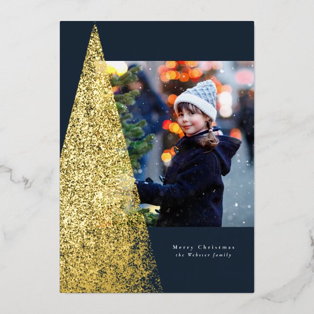 Modern speckle Christmas tree navy one photo Foil Holiday Card (Front)