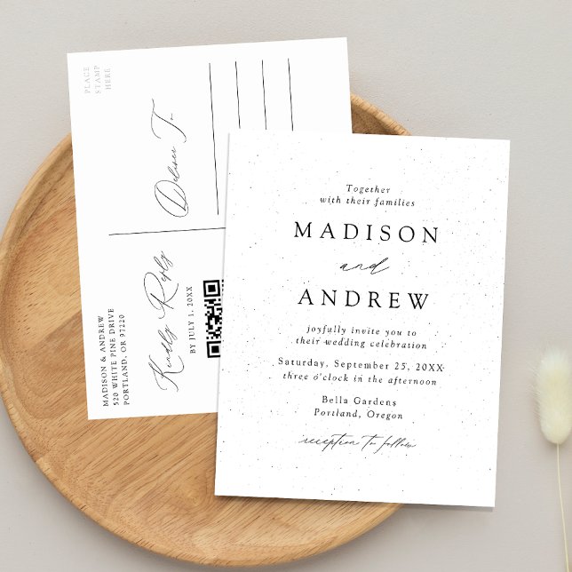 Modern Speckled Black and White QR Code Wedding Invitation Postcard (Creator Uploaded)