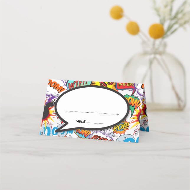 Modern Speech Bubble Fun Retro Comic Book Wedding Place Card (Front)