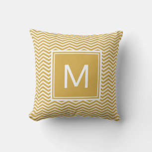 Modern Spicy Mustard Yellow Chevrons and Monogram Throw Pillow