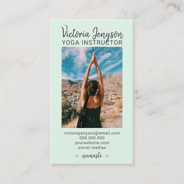 Modern spiritual meditation photo yoga mint business card (Front)