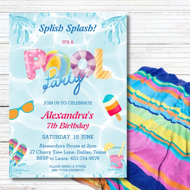 Modern Splish Splash Cool Girl's Pool Party Invitation (Creator Uploaded)