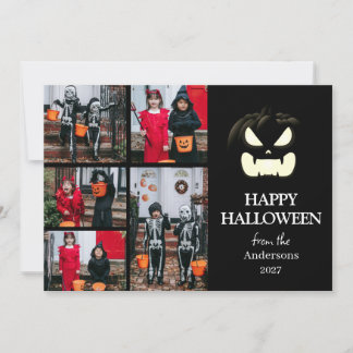 Modern Spooky Pumpkin Script Halloween 5 Photo Holiday Card