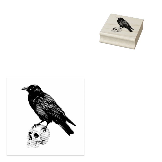 Modern Spooky vintage Crow on skull   Rubber Stamp (Stamped)