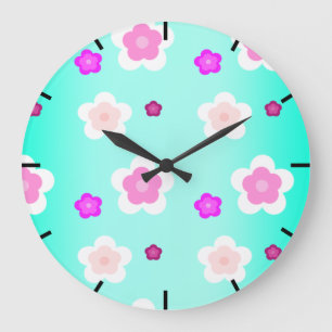 Modern Spring  aqua  gradient purple flora pattern Large Clock