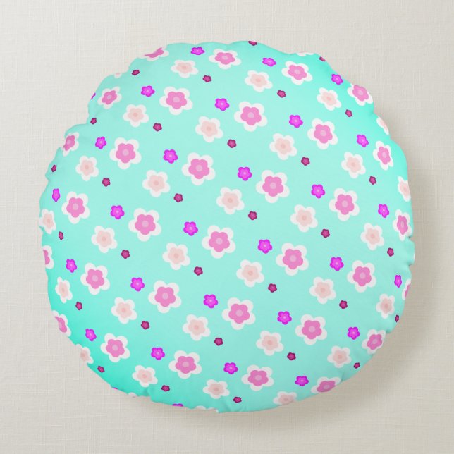 Modern Spring aqua gradient purple flora pattern Round Pillow (Front)
