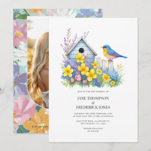 Modern Spring Floral Wedding Photo and QR Code Invitation