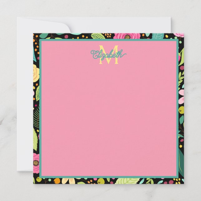 Modern Spring Flowers on Black Monogram Card (Front)