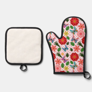 Modern Spring Garden Butterfly Floral Oven Mitt & Pot Holder Set