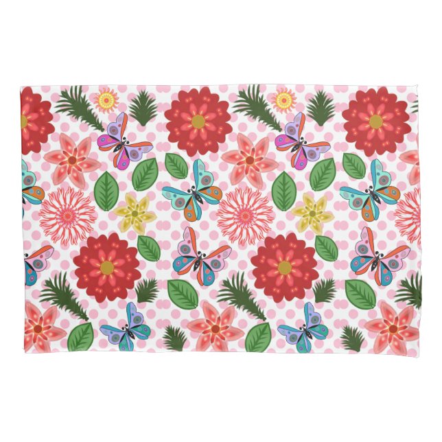 Modern Spring Garden Butterfly Floral  Pillowcase (Front)