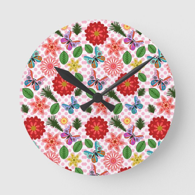 Modern Spring Garden Butterfly Floral  Round Clock (Front)