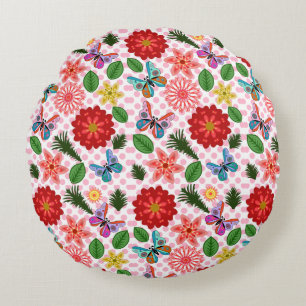 Modern Spring Garden Butterfly Floral  Round Pillow