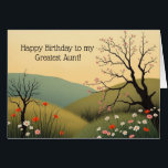 Modern Spring Meadow Birthday Card for Great Aunt<br><div class="desc">Celebrate someone truly special with this beautifully illustrated birthday card featuring a peaceful spring meadow scene, delicate wildflowers, and blossoming trees under a warm, golden sky. The front text reads “Happy Birthday to my Greatest Aunt!” but is fully customizable—making it easy to personalize for any beloved family member, friend, or...</div>