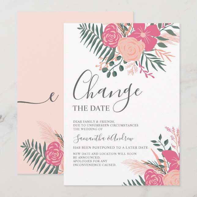 Modern spring pink green wedding change the date invitation (Front/Back)