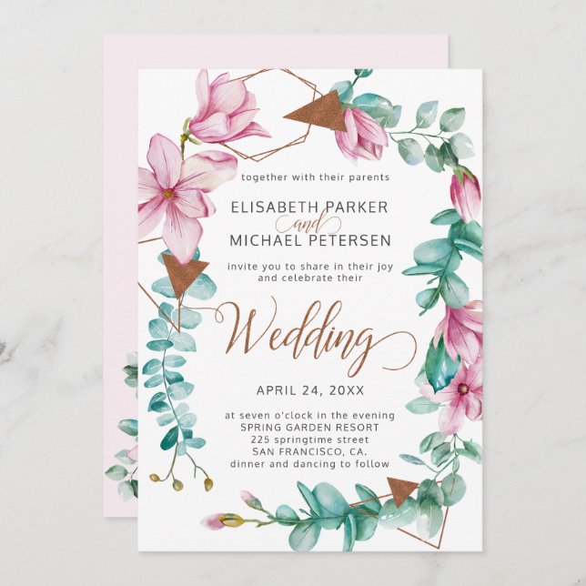 Modern spring pink mint magnolia wreath wedding invitation (Front/Back)