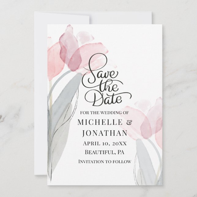 Modern Spring Pink Tulips Wedding Inspirational  Save The Date (Front)