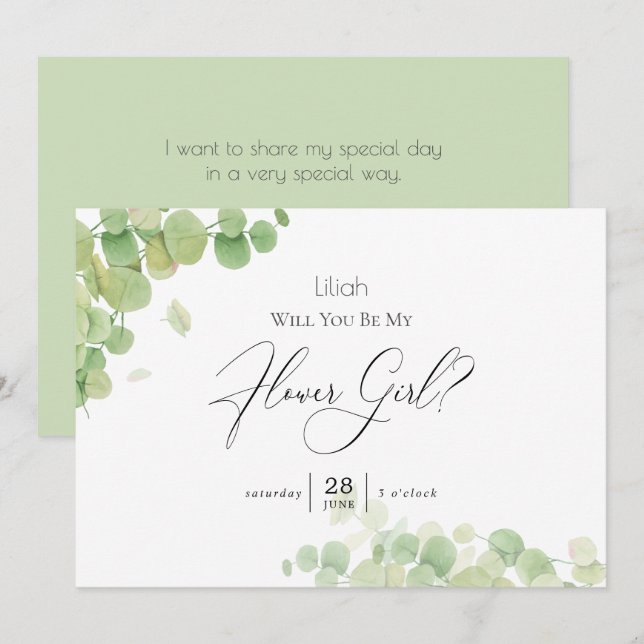 Modern Springtime Eucalyptus Be My Flower Girl Invitation (Front/Back)