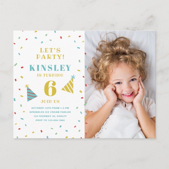 Modern Sprinkles Photo Kids Birthday Invitation Postcard (Front)