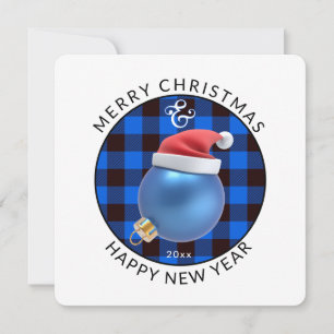 Modern Squar, Christmas   Ornament & Blue Plaid  Holiday Card
