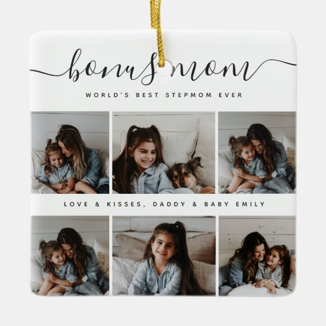 Modern Square Black & White Cute Photo Mothers Day Ceramic Ornament (Front)