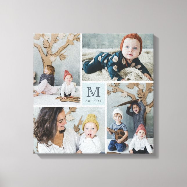 Modern Square Family Monogram Photo Collage Canvas (Front)