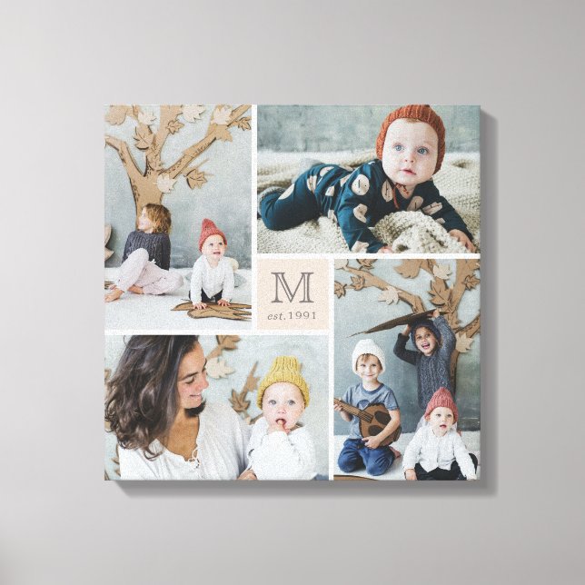 Modern Square Family Monogram Photo Collage Canvas Print (Front)