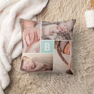 Modern Square Grid Blue Monogram 4 Photo Collage Throw Pillow