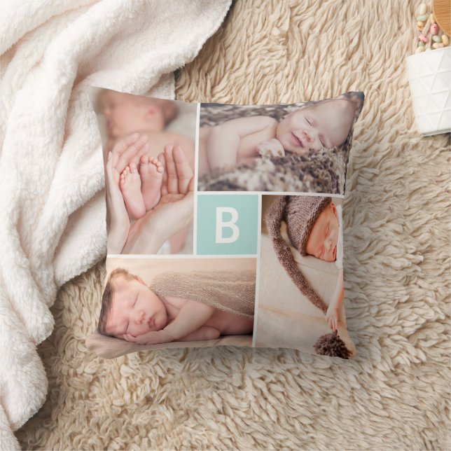 Modern Square Grid Blue Monogram 4 Photo Collage Throw Pillow (Blanket)