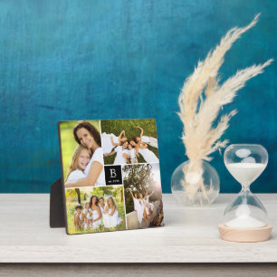 Modern Square Grid Family Monogram 4 Photo Collage Plaque