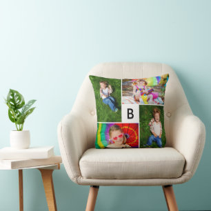 Modern Square Grid Monogram Simple 4 Photo Collage Throw Pillow
