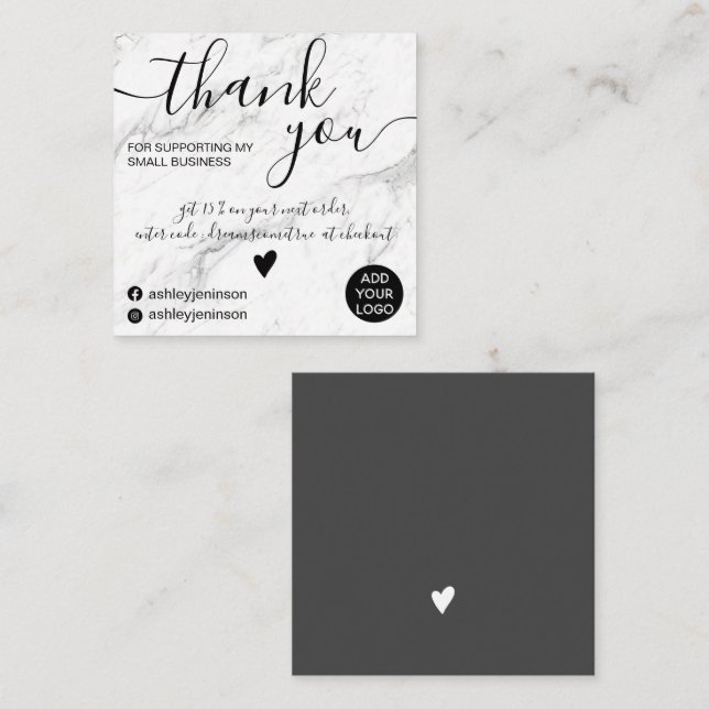 Modern square marble chic order thank you business card (Front/Back)