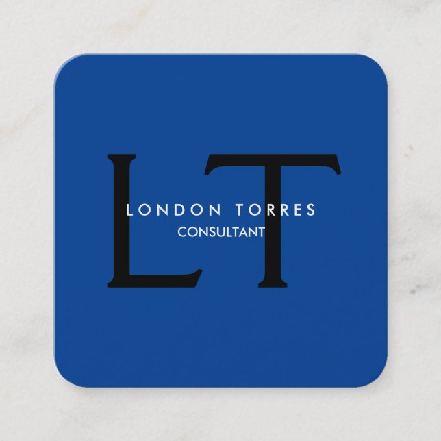 Modern Square Monogram Trendy Blue Black Square Business Card (Front)