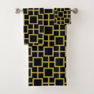 Modern Square Pattern Gold on Black Bath Towel Set