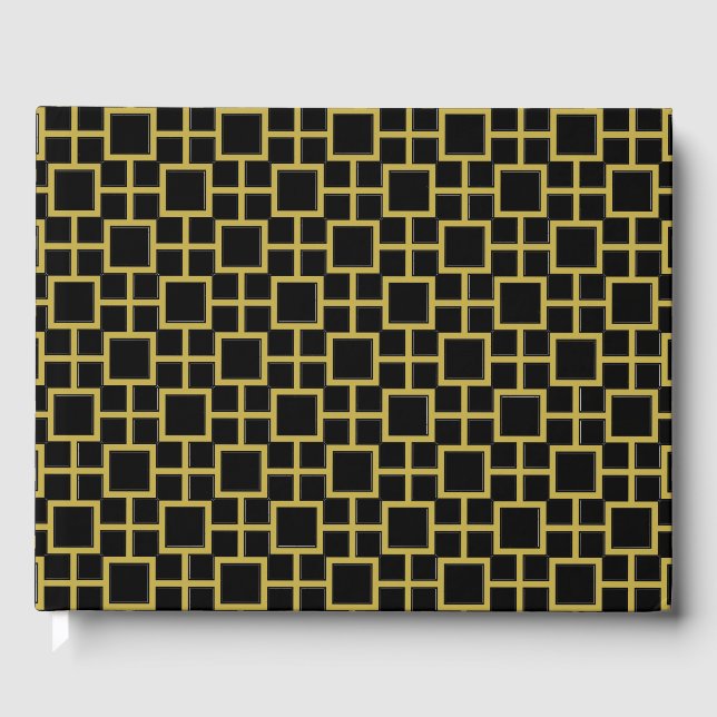 Modern Square Pattern Gold on Black Guest Book (Front)
