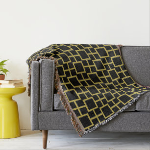Modern Square Pattern Gold on Black Throw Blanket