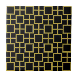 Modern Square Pattern Gold on Black Tile