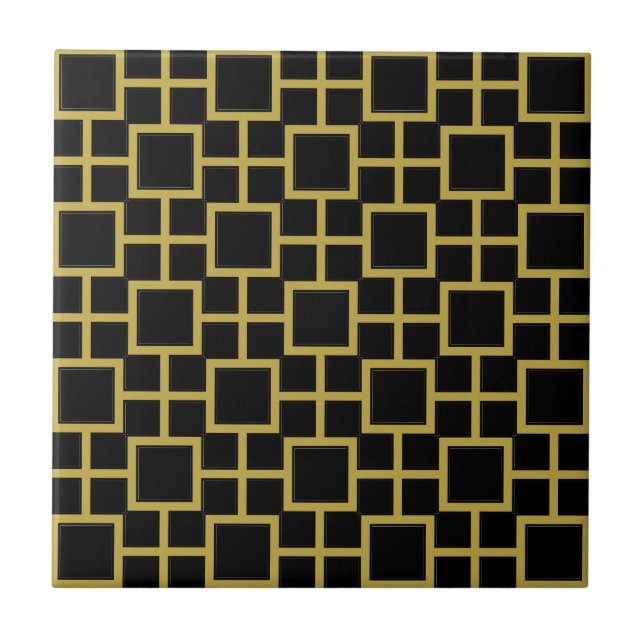 Modern Square Pattern Gold on Black Tile (Front)