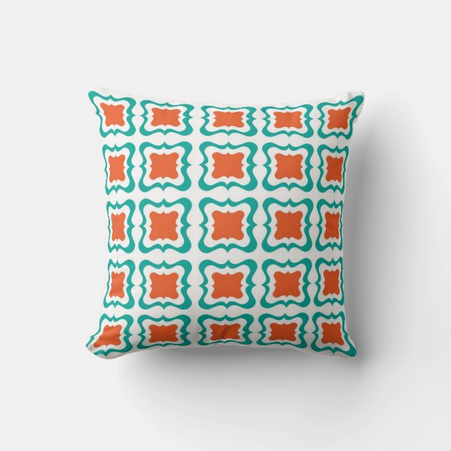 Modern Square Repeat Pattern Teal Orange White Throw Pillow (Front)