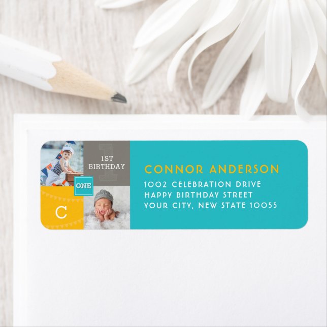 Modern Square Sketch ONE Boy Photo Birthday Party (Insitu)