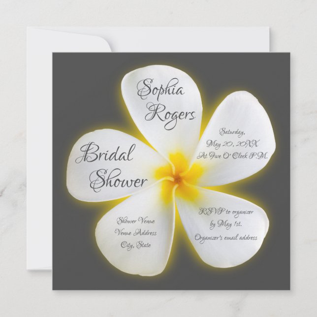 Modern Square White Plumeria Flower, Bridal Shower Invitation (Front)