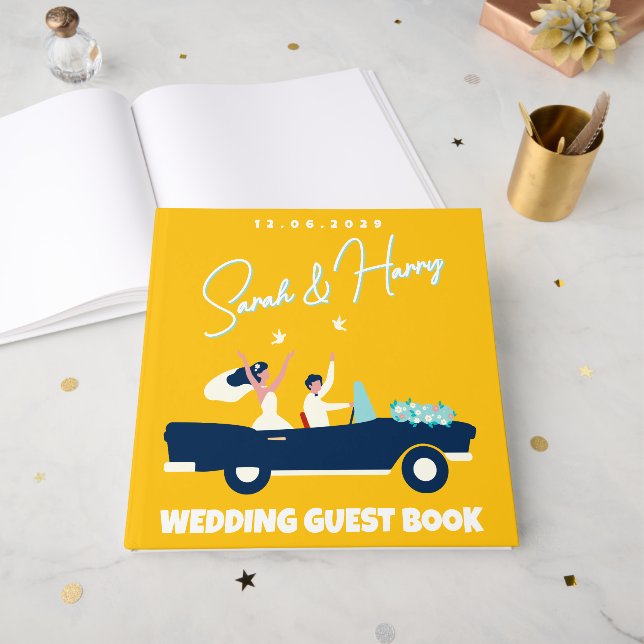 Modern Square Yellow Wedding Guest Book With A Car (Front Open)