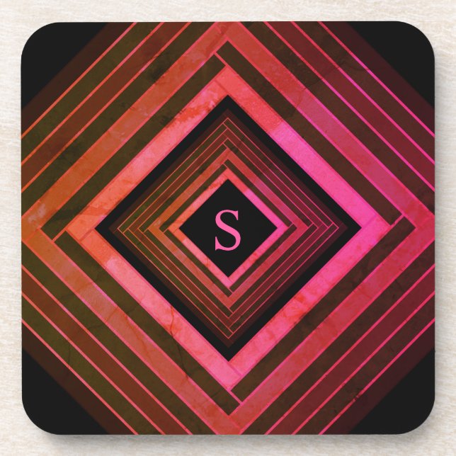 Modern Squares Rustic Pink Geometric Monogram Coaster (Front)